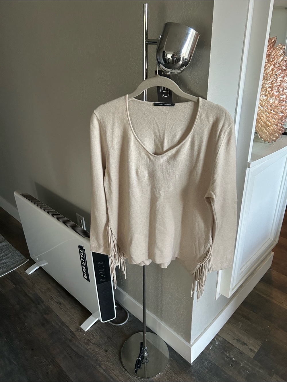 Fringe V-Neck Wool/Silk Blend Sweater in Cream